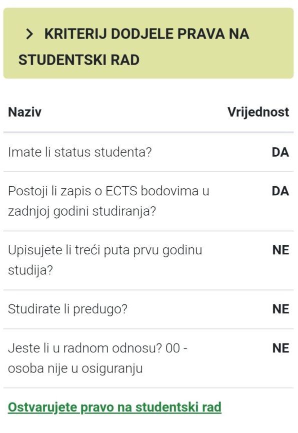 Uvjeti - ostvarujete pravo na studentski rad